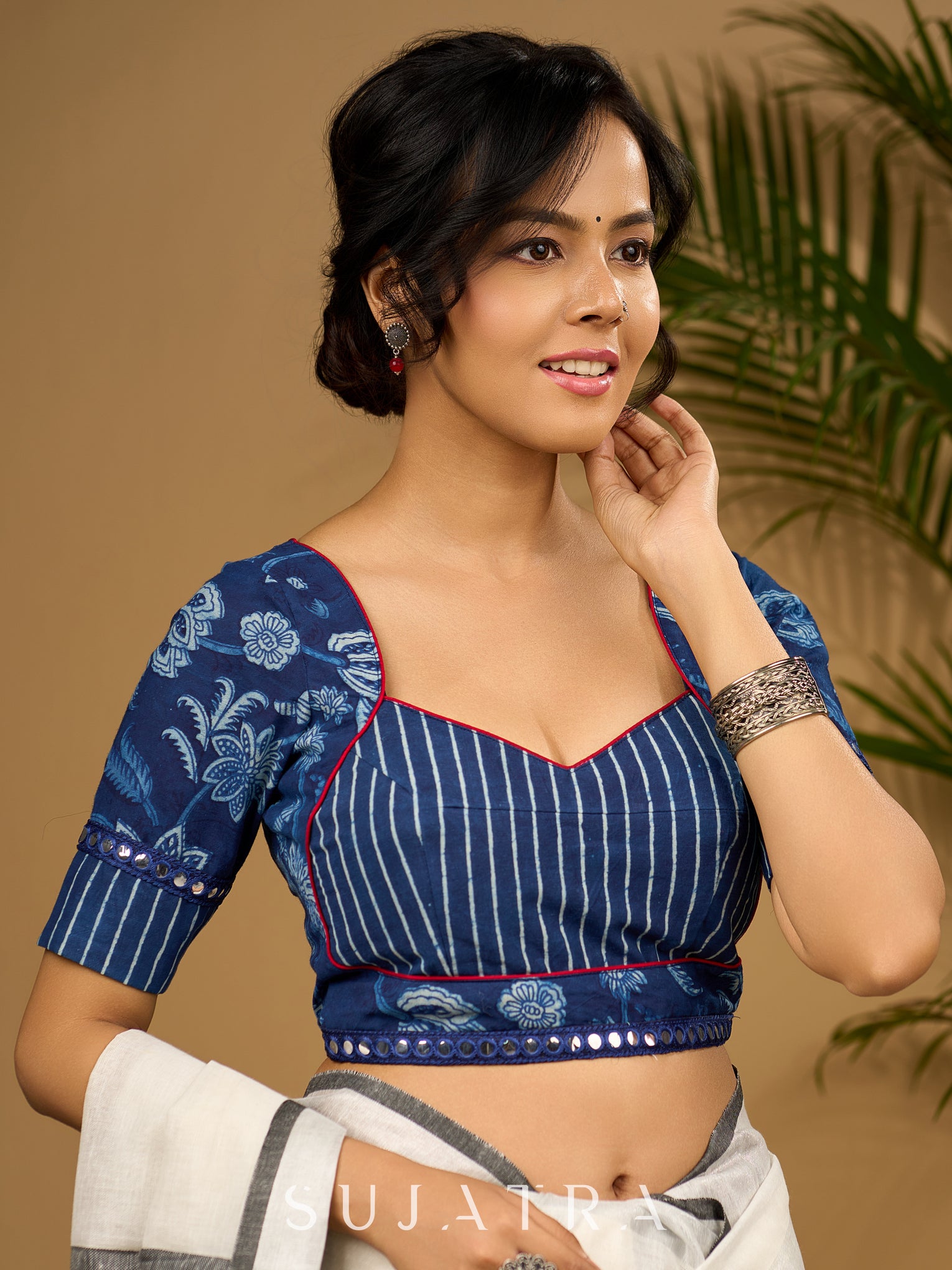 Beautiful cotton indigo blouse with a striking combination. – Sujatra