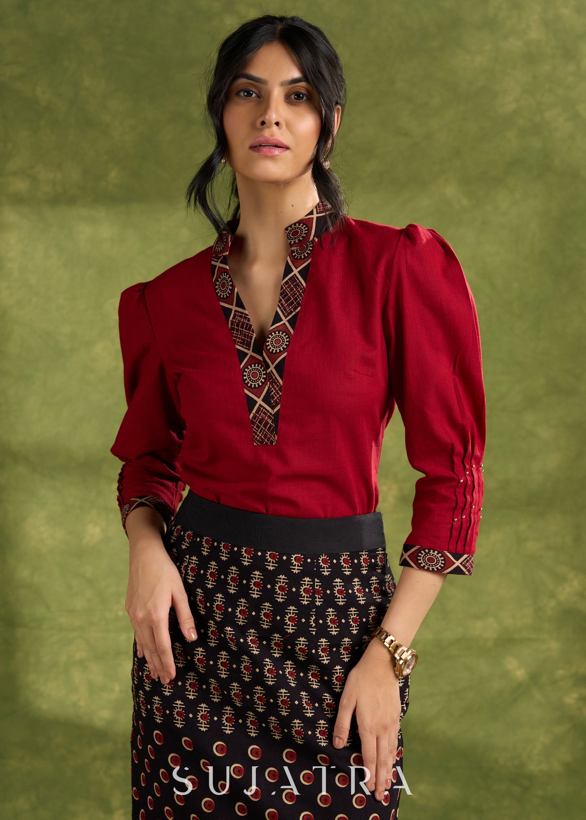 Dussehra Sale — Maroon Cotton Pleated Top With Ajrakh Detailing- Skirt Optional