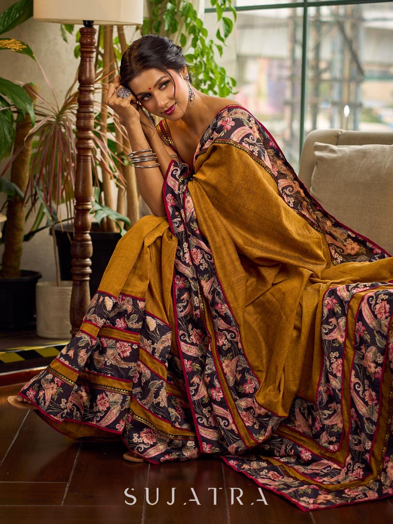 Cultural Mustard Cotton Saree with Kalamkari Floral Printed Border & Pallu & Gold Lace Trim