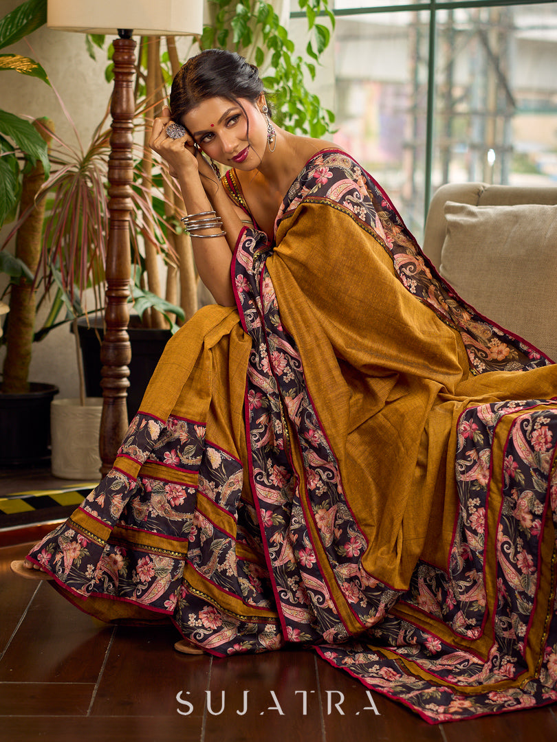 Cultural Mustard Cotton Saree with Kalamkari Floral Printed Border & Pallu & Gold Lace Trim