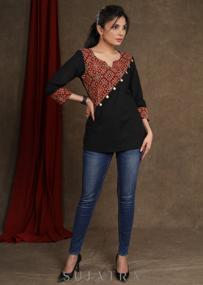 Black Cotton Ajrakh Combination Top with Coin Detailing