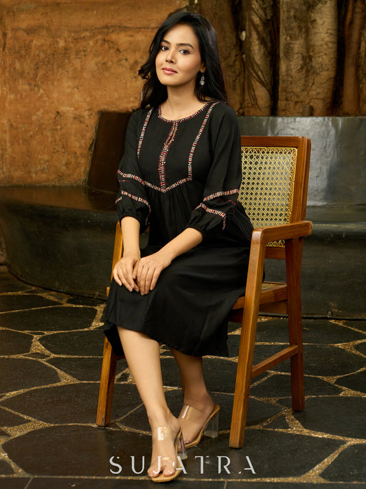 Black Bloom Hand-Kantha Embroidered Dress with Ajrakh Detailing and Statement Sleeves