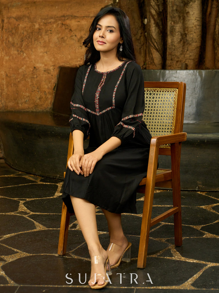 Black Bloom Hand-Kantha Embroidered Dress with Ajrakh Detailing and Statement Sleeves