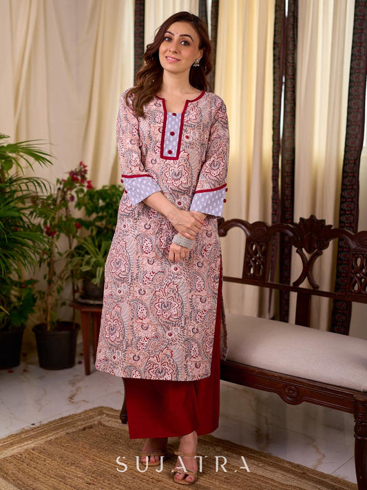 Pastel Peach Floral Hand Block Print Cotton Kurta with Grey Jacquard Cuffs & Yoke with Contrast Maroon Detailing
