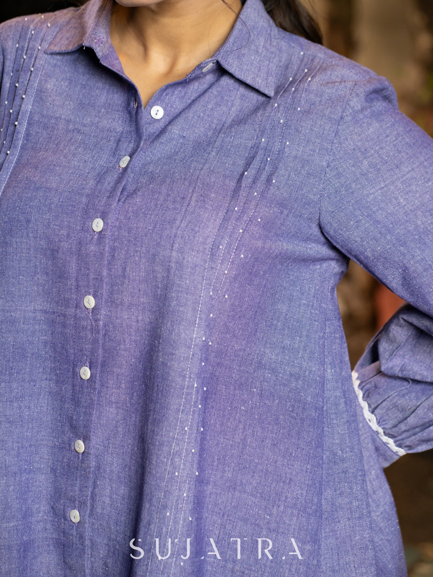 Luxe Lavender Handloom Cotton Shirt with Pleats, Delicate Beads and Crochet Lace Embellishment