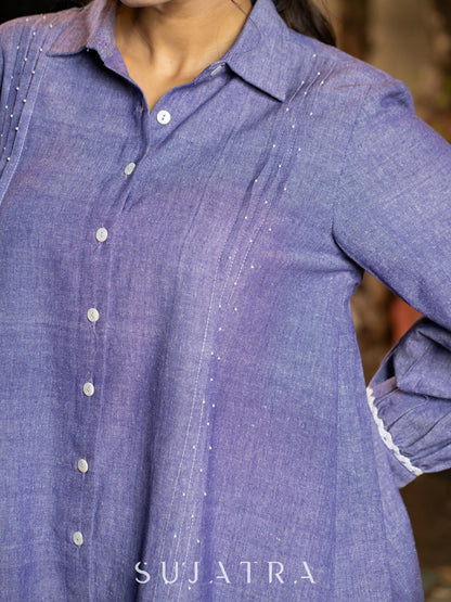 Luxe Lavender Handloom Cotton Shirt with Pleats, Delicate Beads and Crochet Lace Embellishment