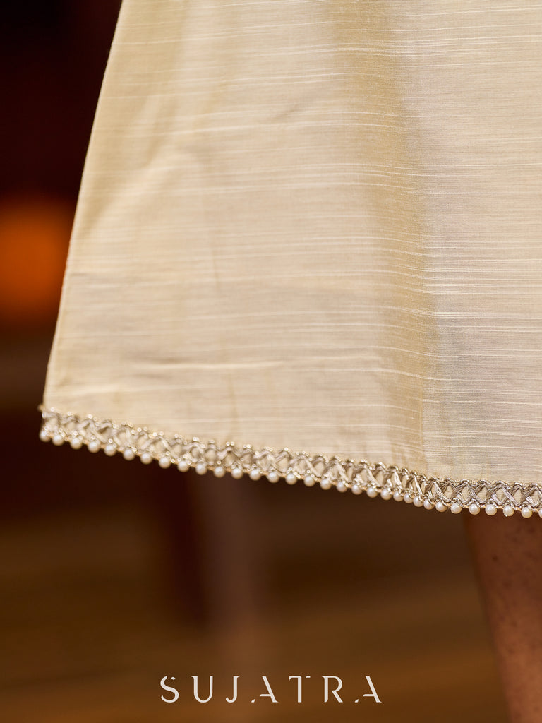 Charming Ivory Silk A-Line Dress With Refined Pearl Highlights