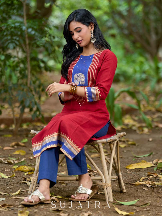 Heritage Maroon Cotton Kurta with Traditional Temple Hand Block Print