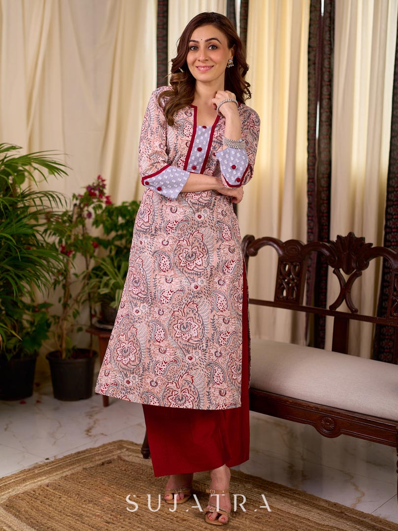 Pastel Peach Floral Hand Block Print Cotton Kurta with Grey Jacquard Cuffs & Yoke with Contrast Maroon Detailing