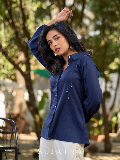 Chic Navy Woven Cotton Pintuck Shirt Featuring Soft Gathered Sleeves