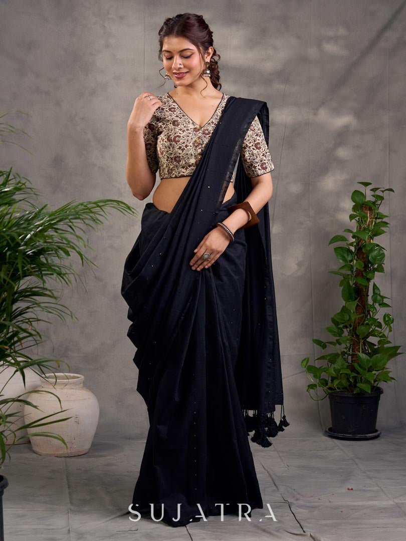 Classic Black Cotton Saree with Sequins Embellishment