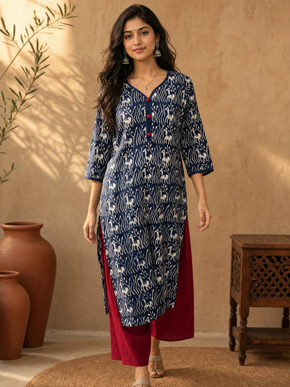Exquisite Indigo Printed Cotton Kurta with Contrast Detailing