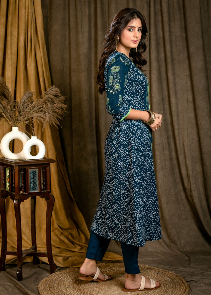Classy Cotton Indigo and Ajrakh Combination A-Line Kurta with Contrast Green Detailing - Pant Optional