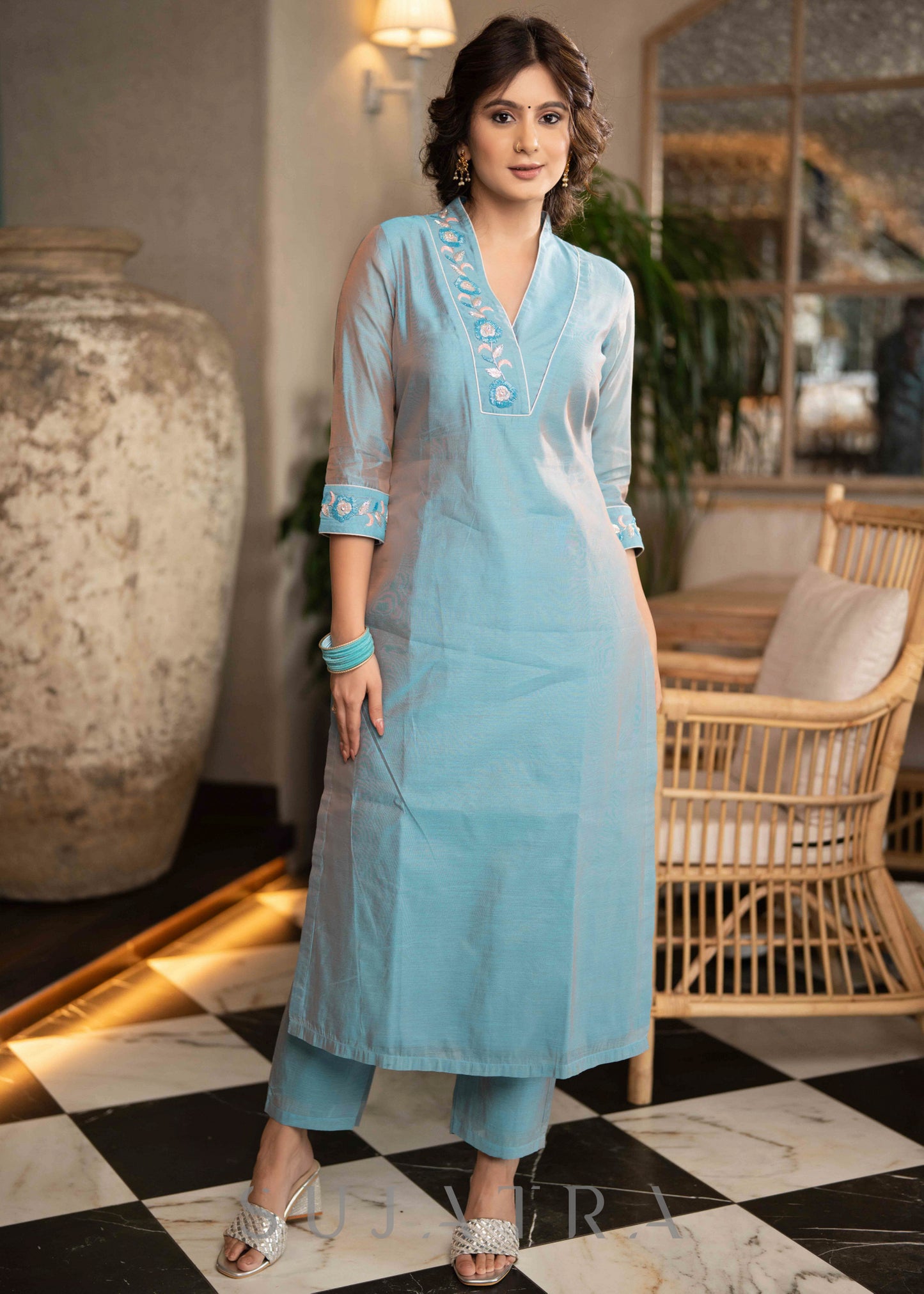 Beautiful Firozi Blue Chanderi Kurta With Glass Beadwork On Neckline & Sleeves
