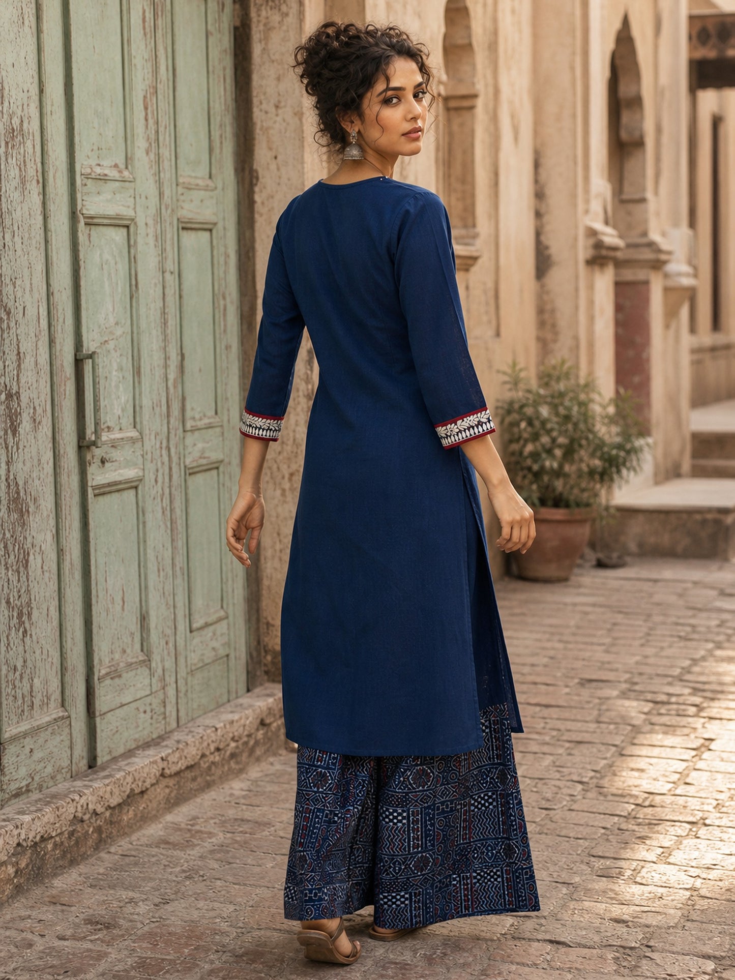 Chic Navy Blue Cotton Kurta with Ajrakh Geometric Panel & Embroidered Neckline