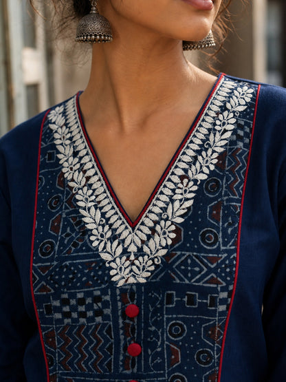 Chic Navy Blue Cotton Kurta with Ajrakh Geometric Panel & Embroidered Neckline