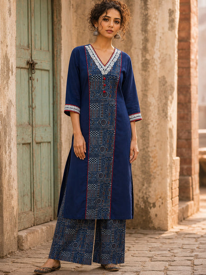 Chic Navy Blue Cotton Kurta with Ajrakh Geometric Panel & Embroidered Neckline