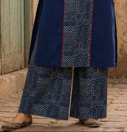 Chic Navy Blue Ajrakh Printed Cotton Straight Pant