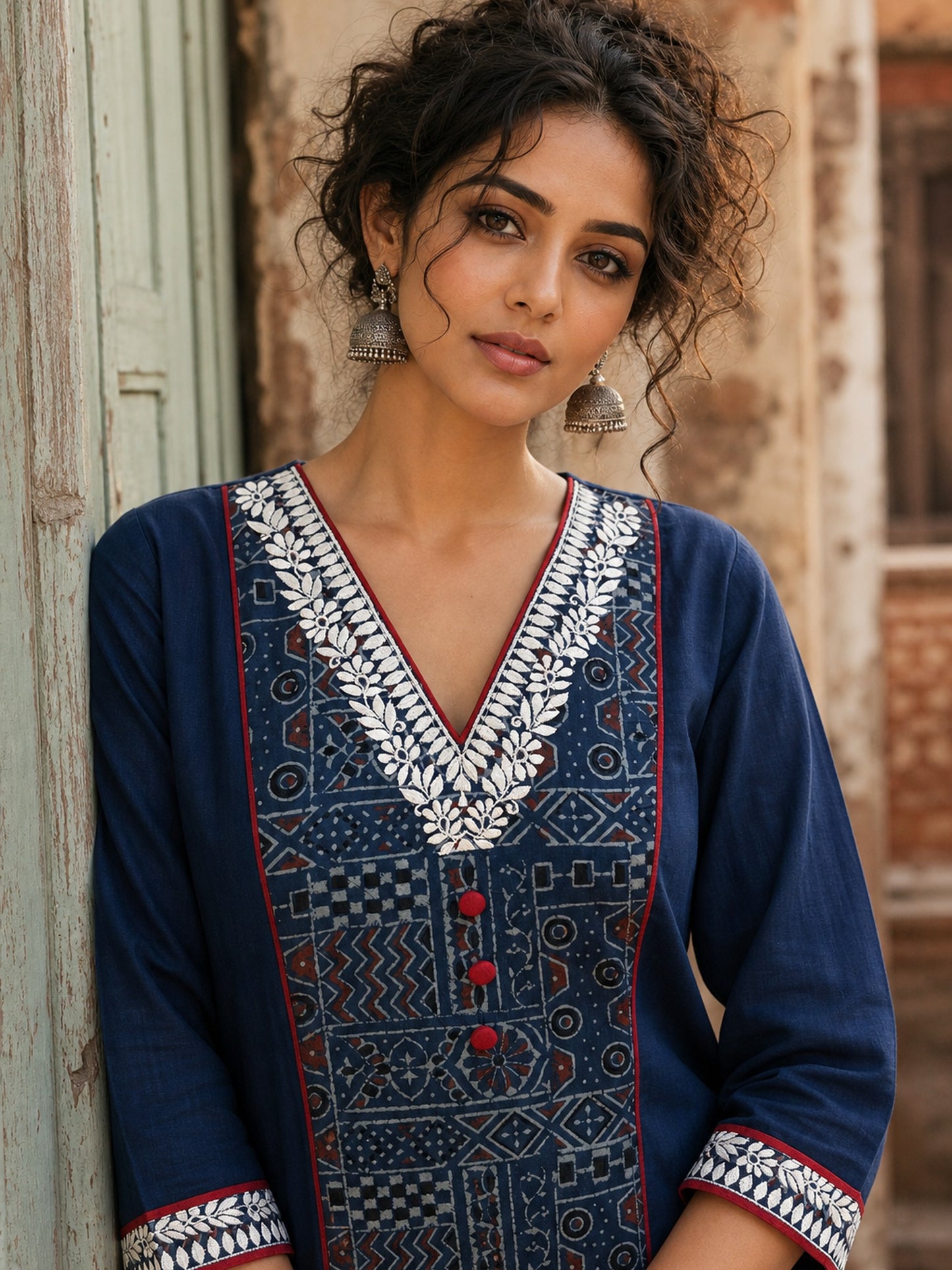 Chic Navy Blue Cotton Kurta with Ajrakh Geometric Panel & Embroidered Neckline
