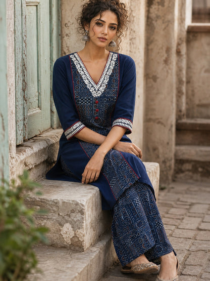 Chic Navy Blue Cotton Kurta with Ajrakh Geometric Panel & Embroidered Neckline