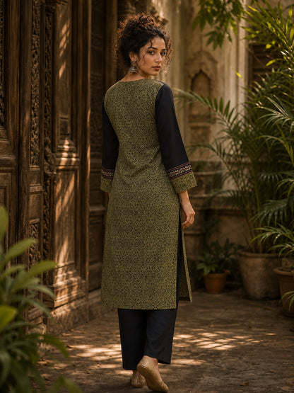 Regal Olive Ajrakh Print Kurta with Black Contrast Sleeves & Coordinated Ajrakh Border Detailing