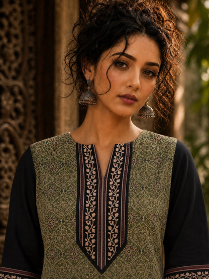 Regal Olive Ajrakh Print Kurta with Black Contrast Sleeves & Coordinated Ajrakh Border Detailing