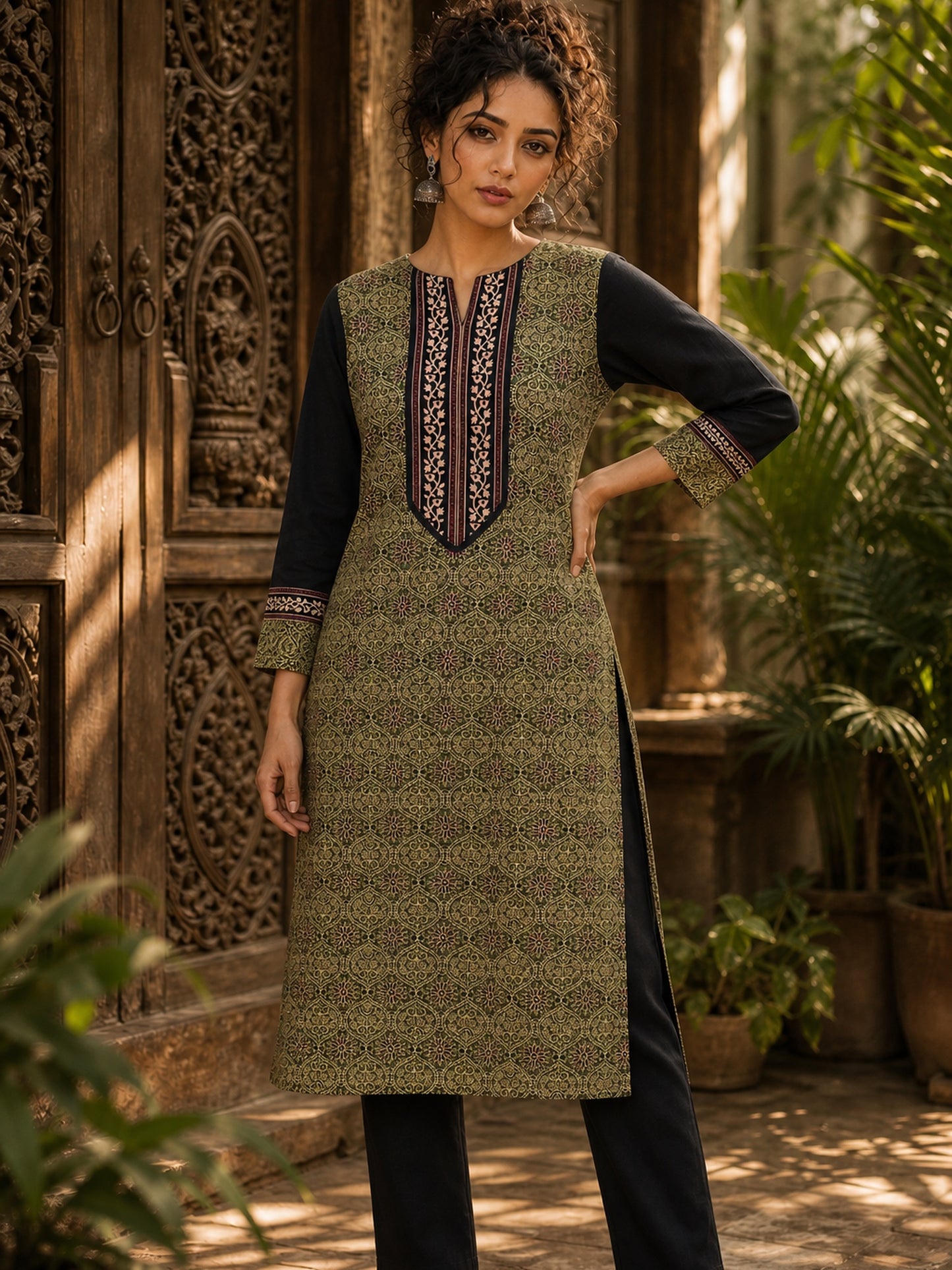 Regal Olive Ajrakh Print Kurta with Black Contrast Sleeves & Coordinated Ajrakh Border Detailing