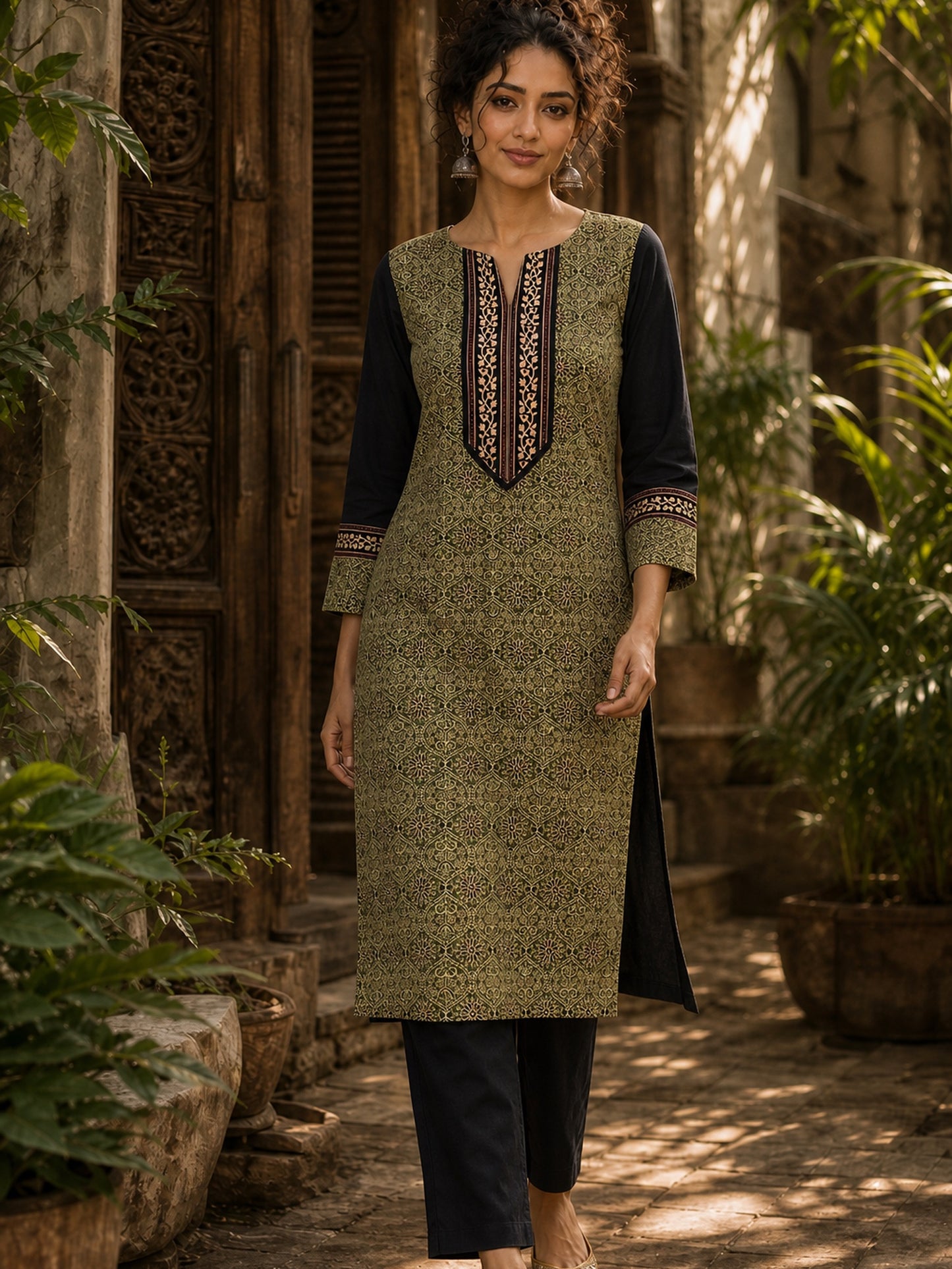 Regal Olive Ajrakh Print Kurta with Black Contrast Sleeves & Coordinated Ajrakh Border Detailing