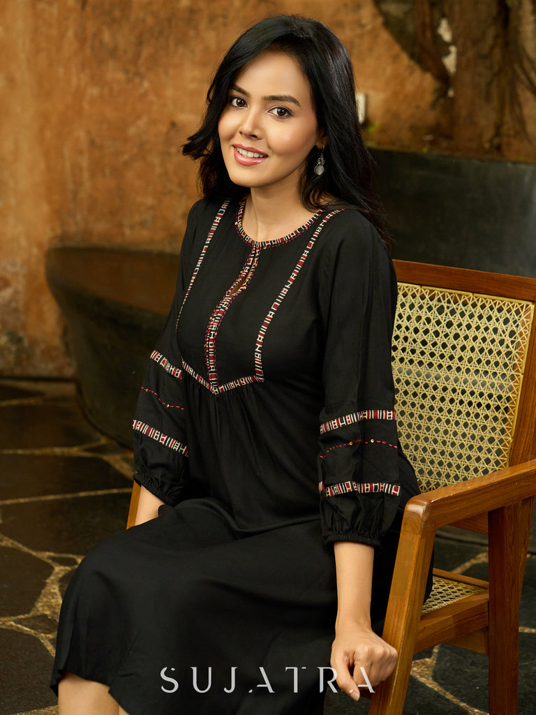 Black Bloom Hand-Kantha Embroidered Dress with Ajrakh Detailing and Statement Sleeves