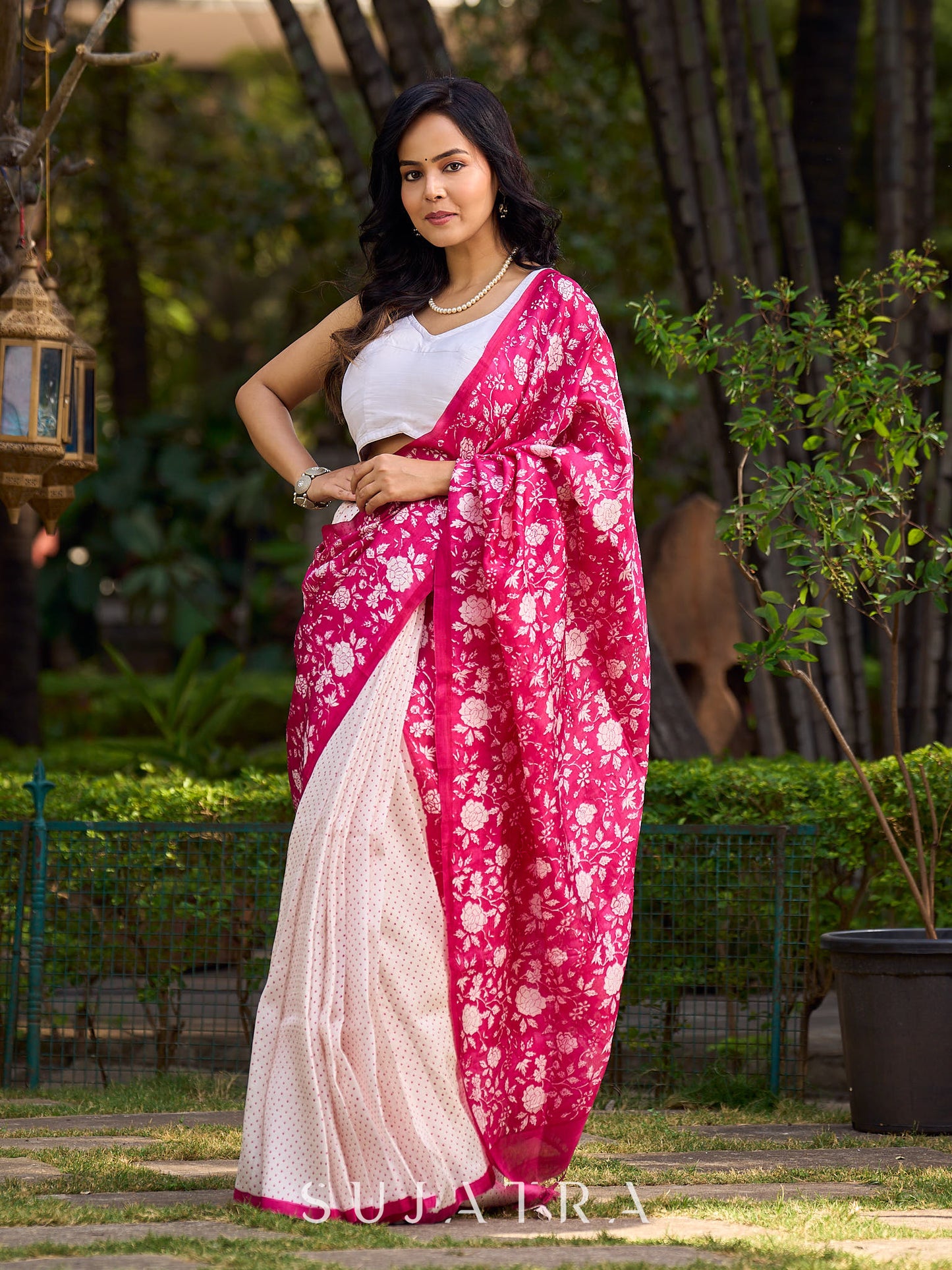 Ivory & Pink Tussar Silk Saree with Vibrant Floral Pallu