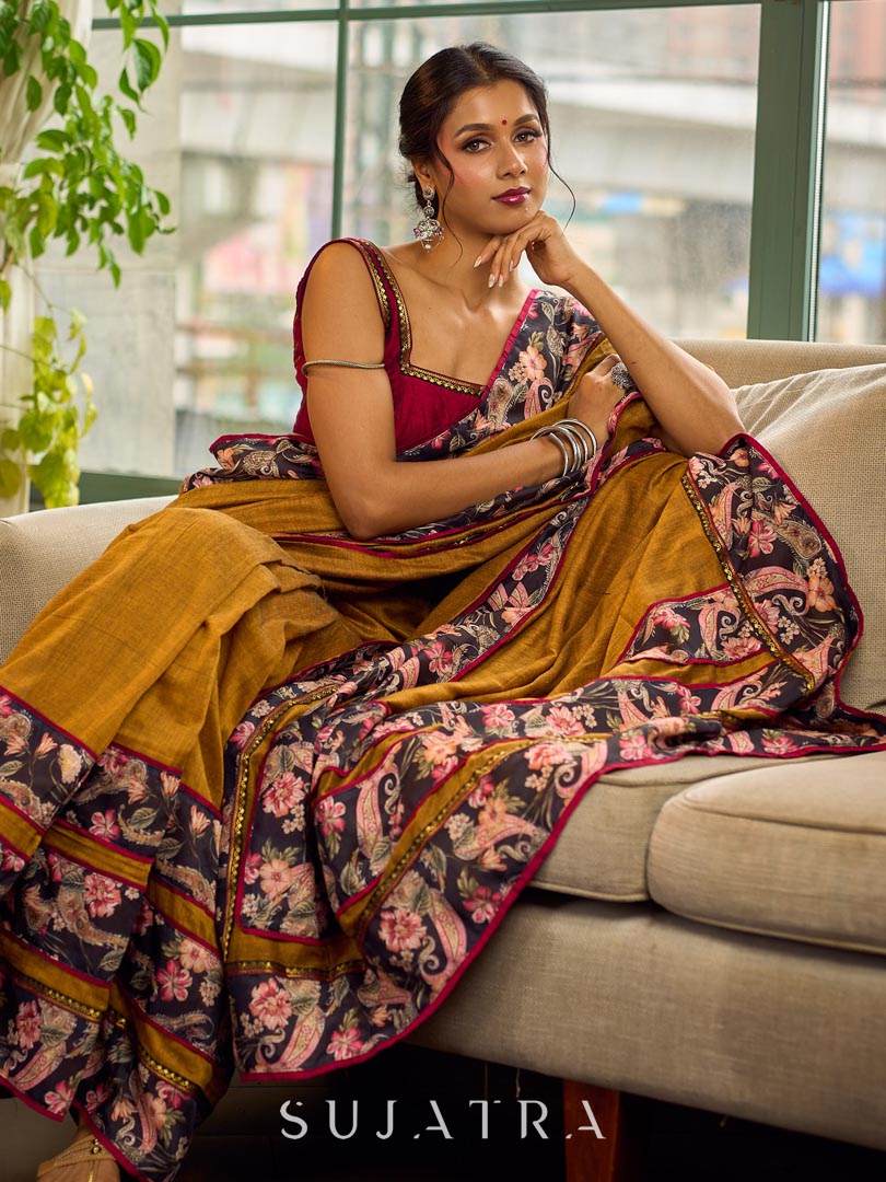 Cultural Mustard Cotton Saree with Kalamkari Floral Printed Border & Pallu & Gold Lace Trim