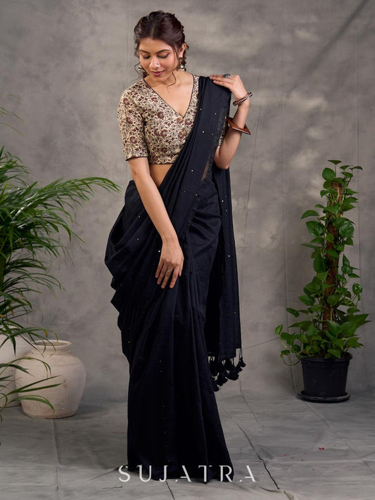 Classic Black Cotton Saree with Sequins Embellishment