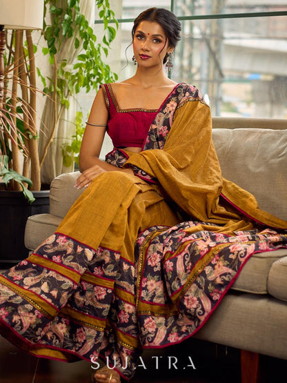 Cultural Mustard Cotton Saree with Kalamkari Floral Printed Border & Pallu & Gold Lace Trim