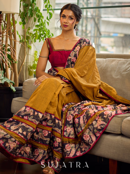 Cultural Mustard Cotton Saree with Kalamkari Floral Printed Border & Pallu & Gold Lace Trim
