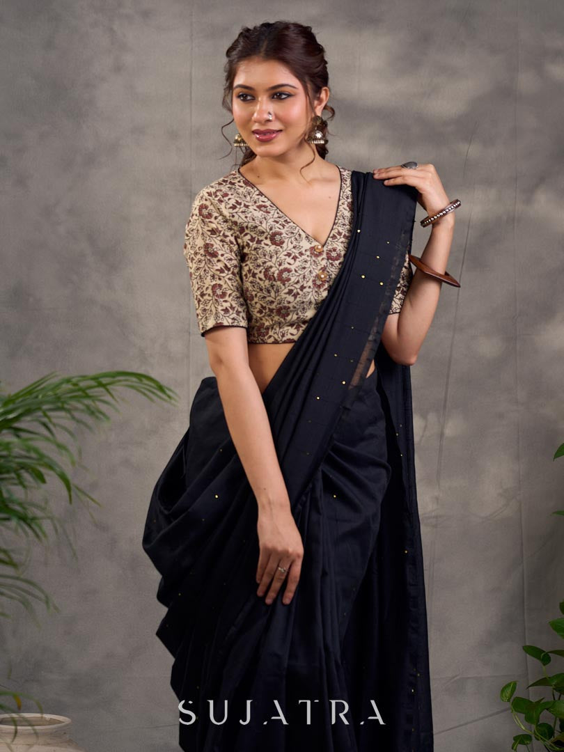 Classic Black Cotton Saree with Sequins Embellishment