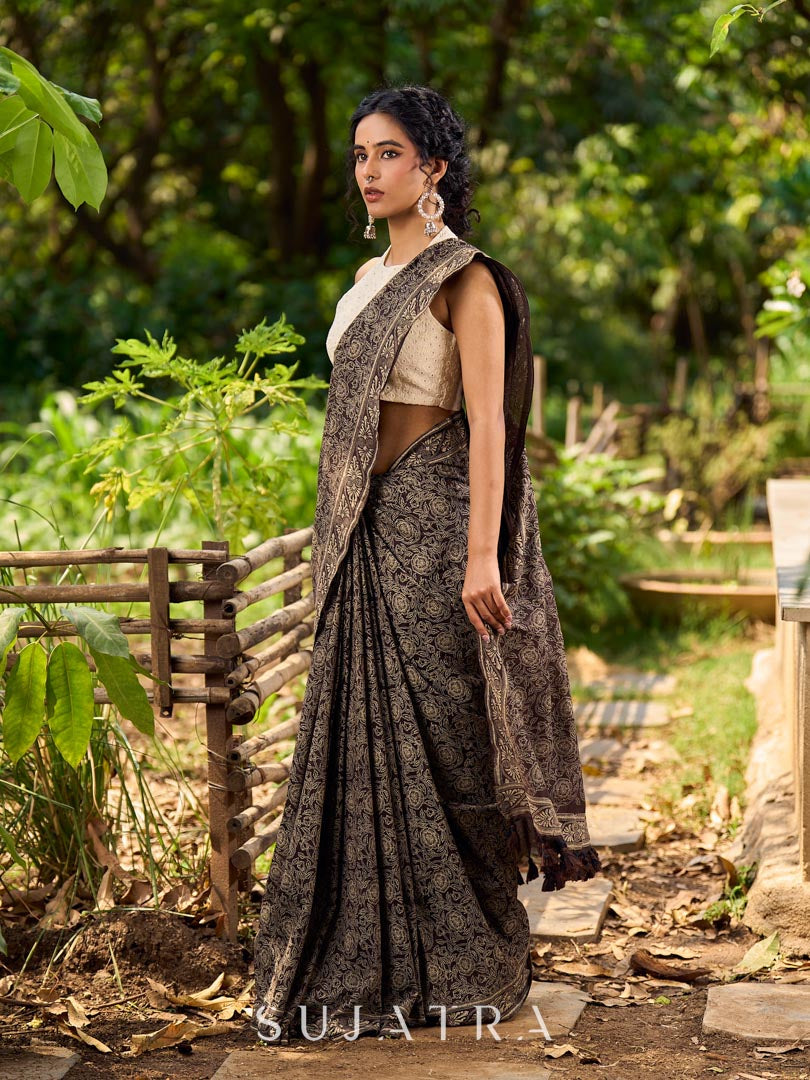 Contemporary Brown Cotton Saree with All-Over Floral Print