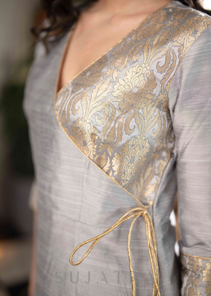 Exquisite Grey Cotton Silk Asymmetrical Kurta With Brocade Yoke & Gold Side Dori  - Pant Optional