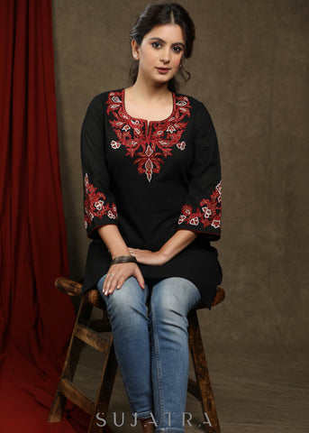 Trendy black cotton tunic with beautiful ajrakh applique on yoke and sleeves