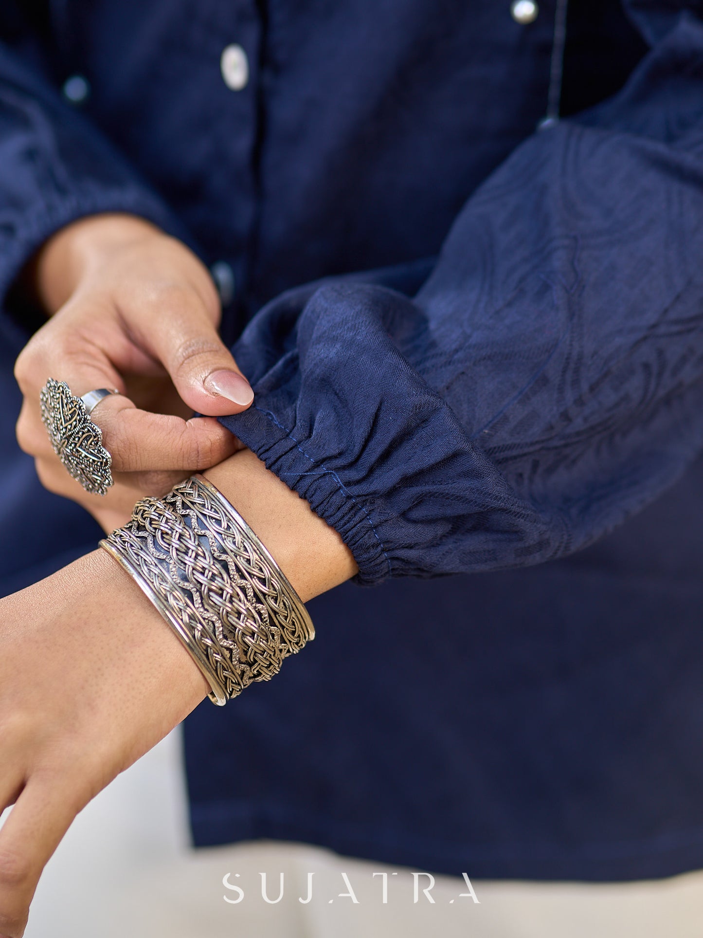 Chic Navy Woven Cotton Pintuck Shirt Featuring Soft Gathered Sleeves