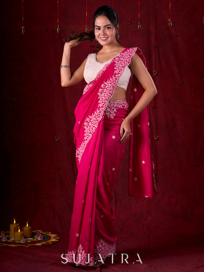 Vibrant Fuchsia Chanderi Saree with Intricate Embroidery & Scalloped Border