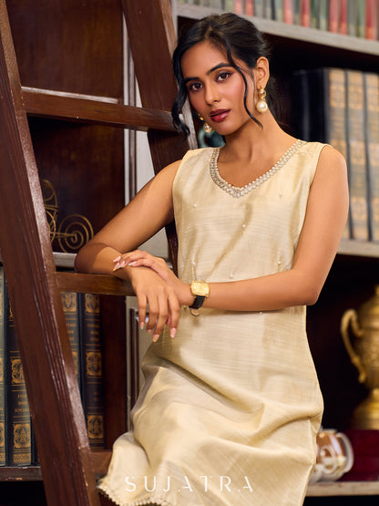 Timeless Ivory Silk Sleeveless Dress Highlighted With Exquisite Pearl Detailing