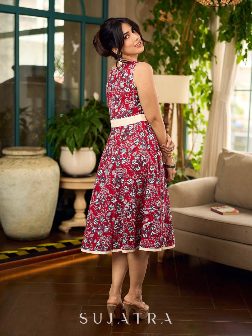 Red Gulmohar floral-printed sleeveless summer dress featuring off-white accents and scalloped lace detailing at the waist, creating a breezy, feminine silhouette perfect for warm, sunlit days.