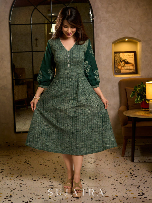 Contemporary Bottle Green Hand Block Printed Cotton Dress with Cinched Waist & Floral Sleeves