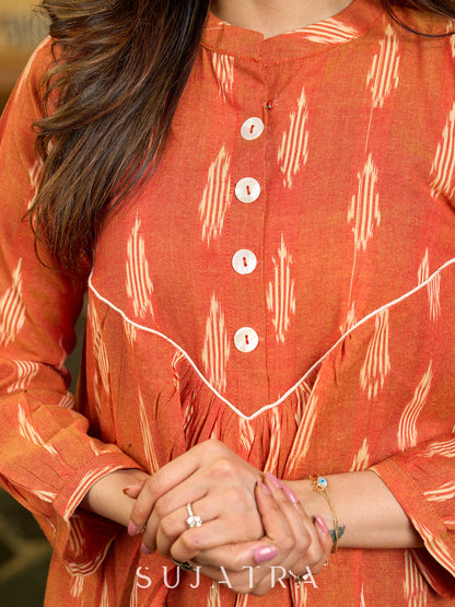 Tangerine Weave Ikat Top with Asymmetrical Panel and Statement Buttons