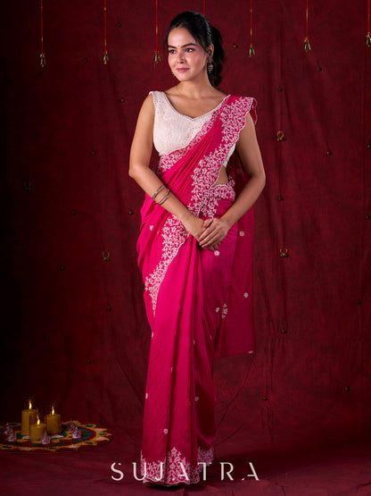 Vibrant Fuchsia Chanderi Saree with Intricate Embroidery & Scalloped Border