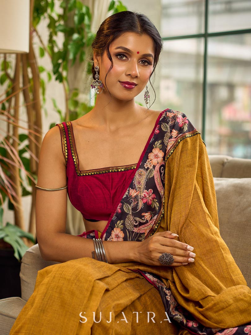 Cultural Mustard Cotton Saree with Kalamkari Floral Printed Border & Pallu & Gold Lace Trim