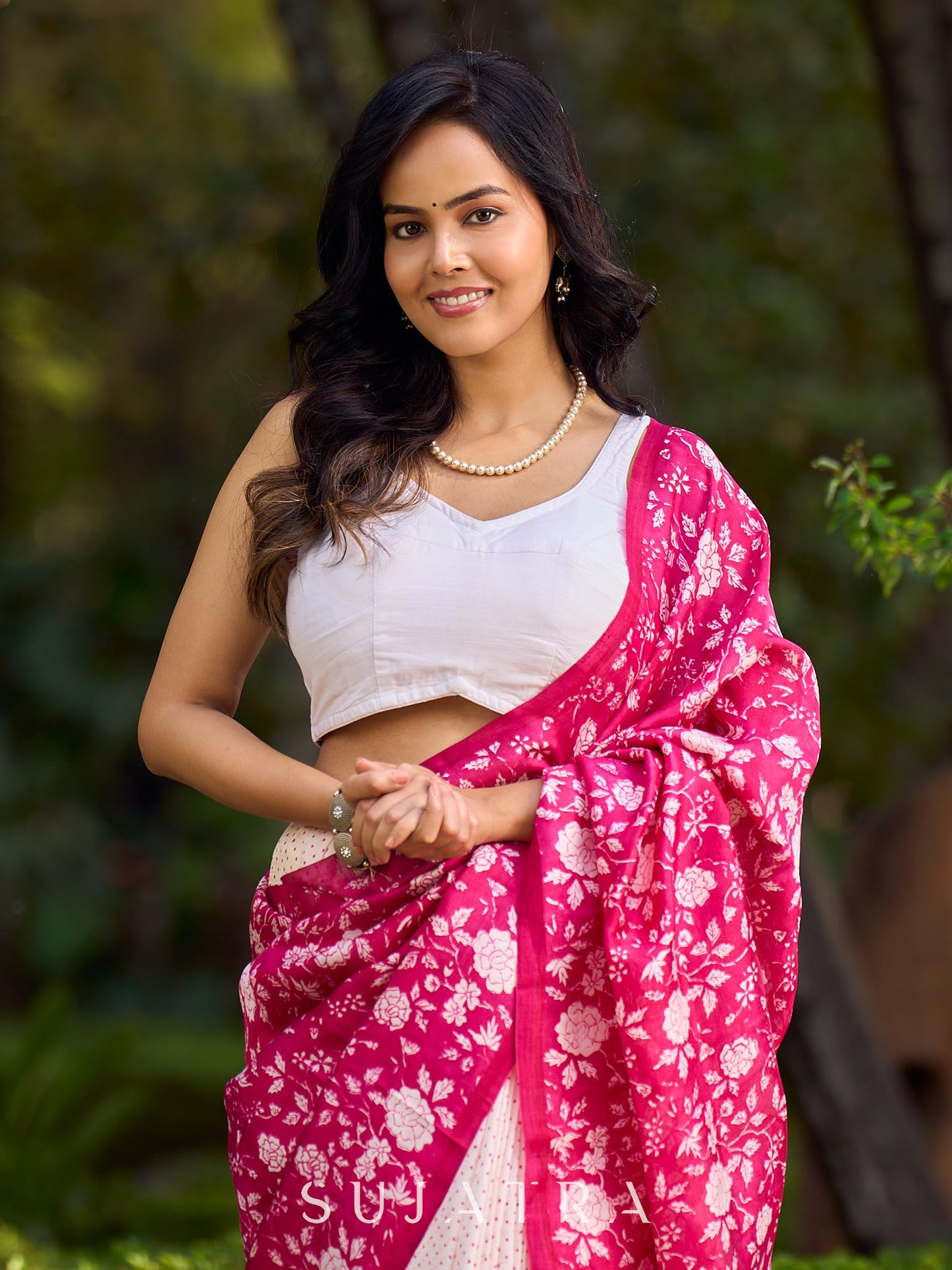 Modern Off-White Pure Silk Block Printed Saree with Delicate Polka Dots & Vibrant Pink Floral Pallu