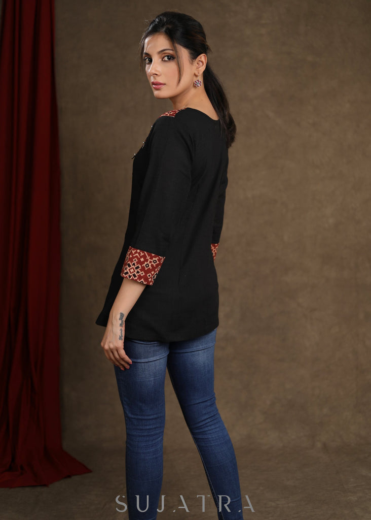 Black Cotton Ajrakh Combination Top with Coin Detailing