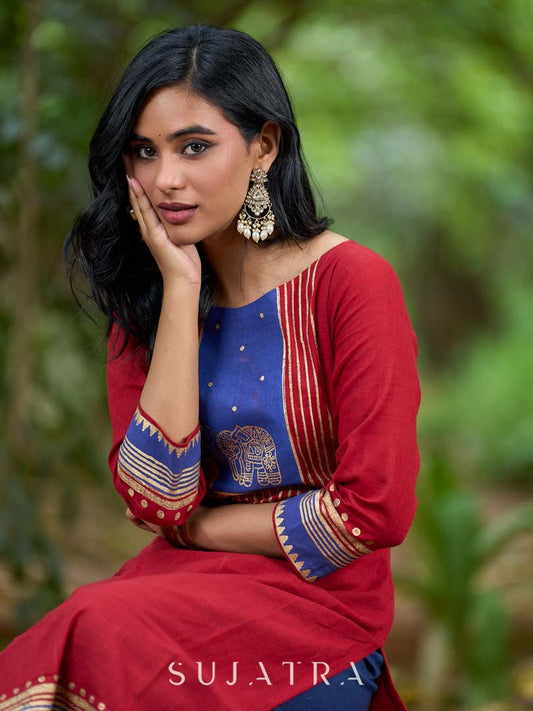 Heritage Maroon Cotton Kurta with Traditional Temple Hand Block Print