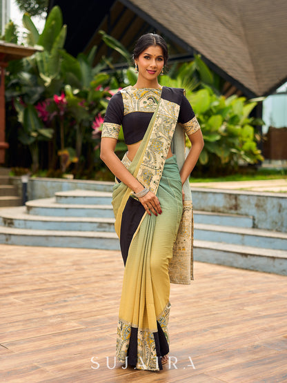 Vibrant Sage-Yellow Ombre Saree with Madhubani Print Border & Black Trim